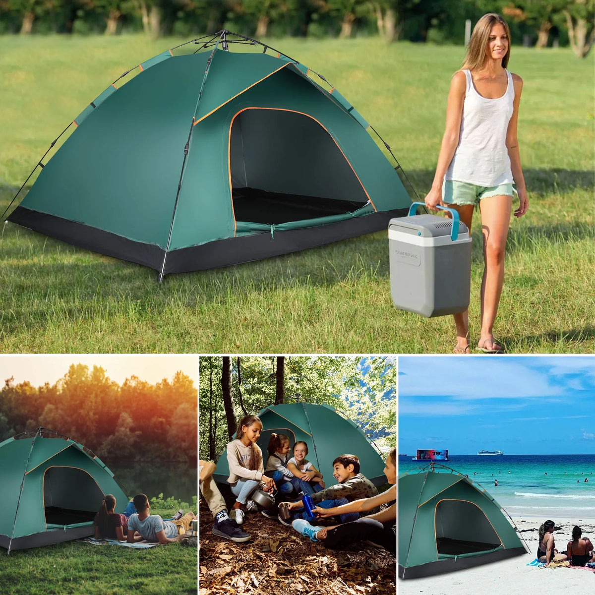4 Person Pop up Camping Tent, Green R65217