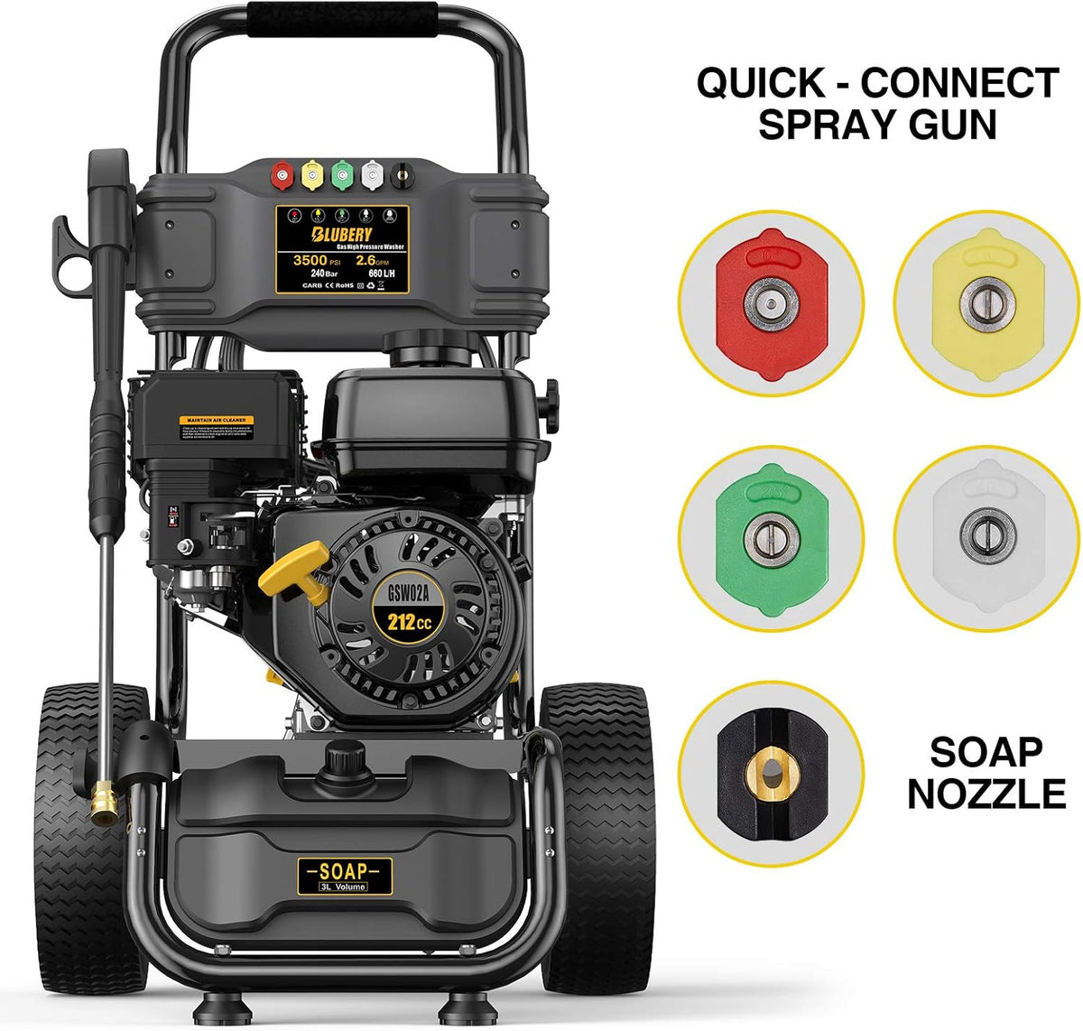 3500PSI Gas Pressure Washer 2.6GPM 212CC Power Washer with 50FT Hose and 5 Adjustable Nozzles K32035