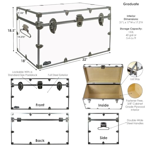 XL Graduate Storage Trunk w/Tray - STEEL Footlocker - 32 x 18 x 18.5 Inches (White) H4237