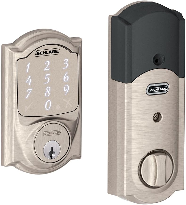 Satin Nickel Smart Deadbolt with Camelot Trim & Front Entry Handleset with Left Hand Lever K65485