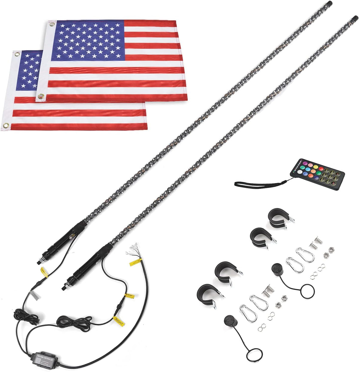 LED Whip Lights with Bluetooth and Flag Pole, 366+ Lighting Modes RGB, 2pcs 3ft O6108