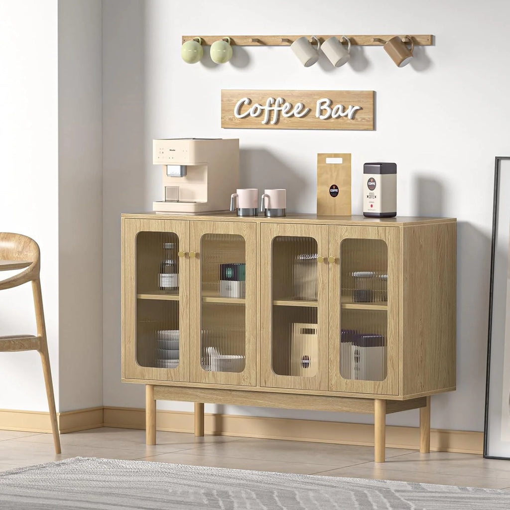 4 Door Wood Buffet Cabinet with Glass Door and Adjustable Shelves V140713