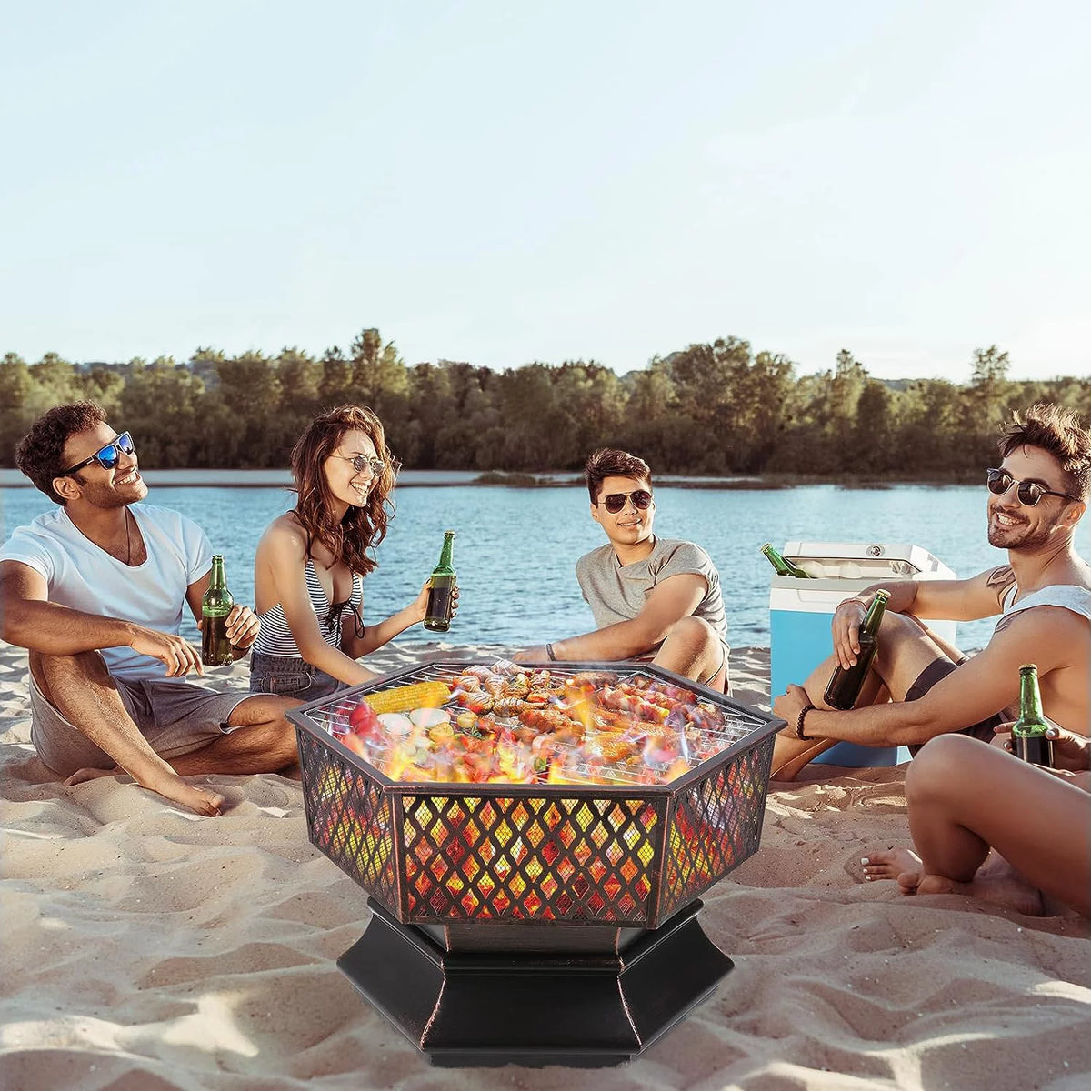 28'' Hex Shaped Steel Wood Burning Fire Pit with Spark Screen & Fire Poker A40958