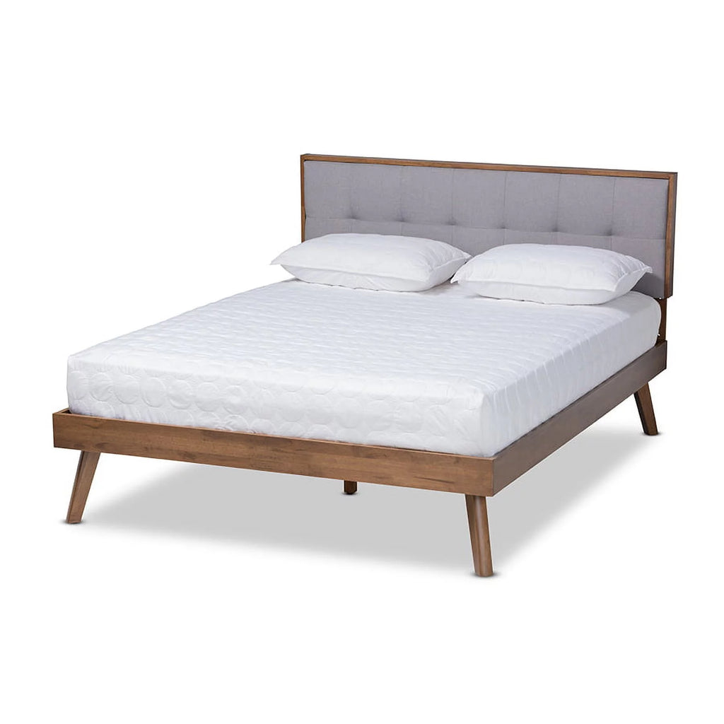 Light Grey Fabric Upholstered Walnut Brown Wood Queen Size Platform Bed H10827