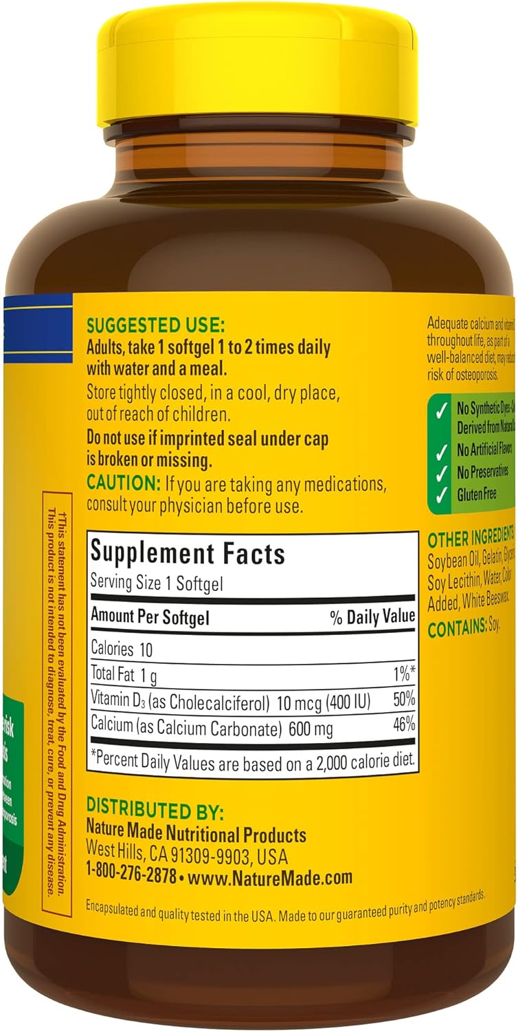 Calcium 600 mg with Vitamin D3 Dietary Supplement 100 Softgels X197
