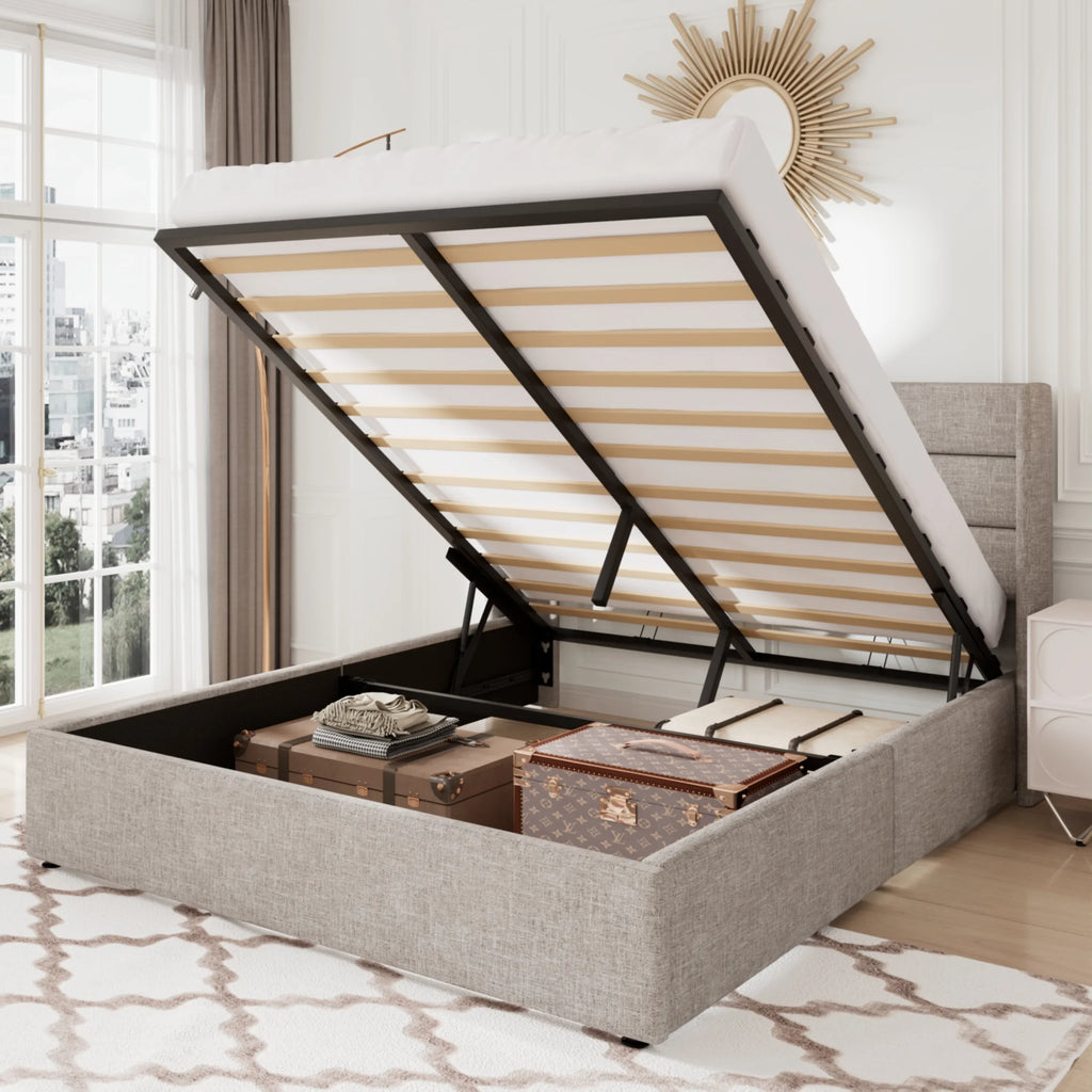 Queen Size Lift Up Storage Bed Frame with Wingback Headboard D6581