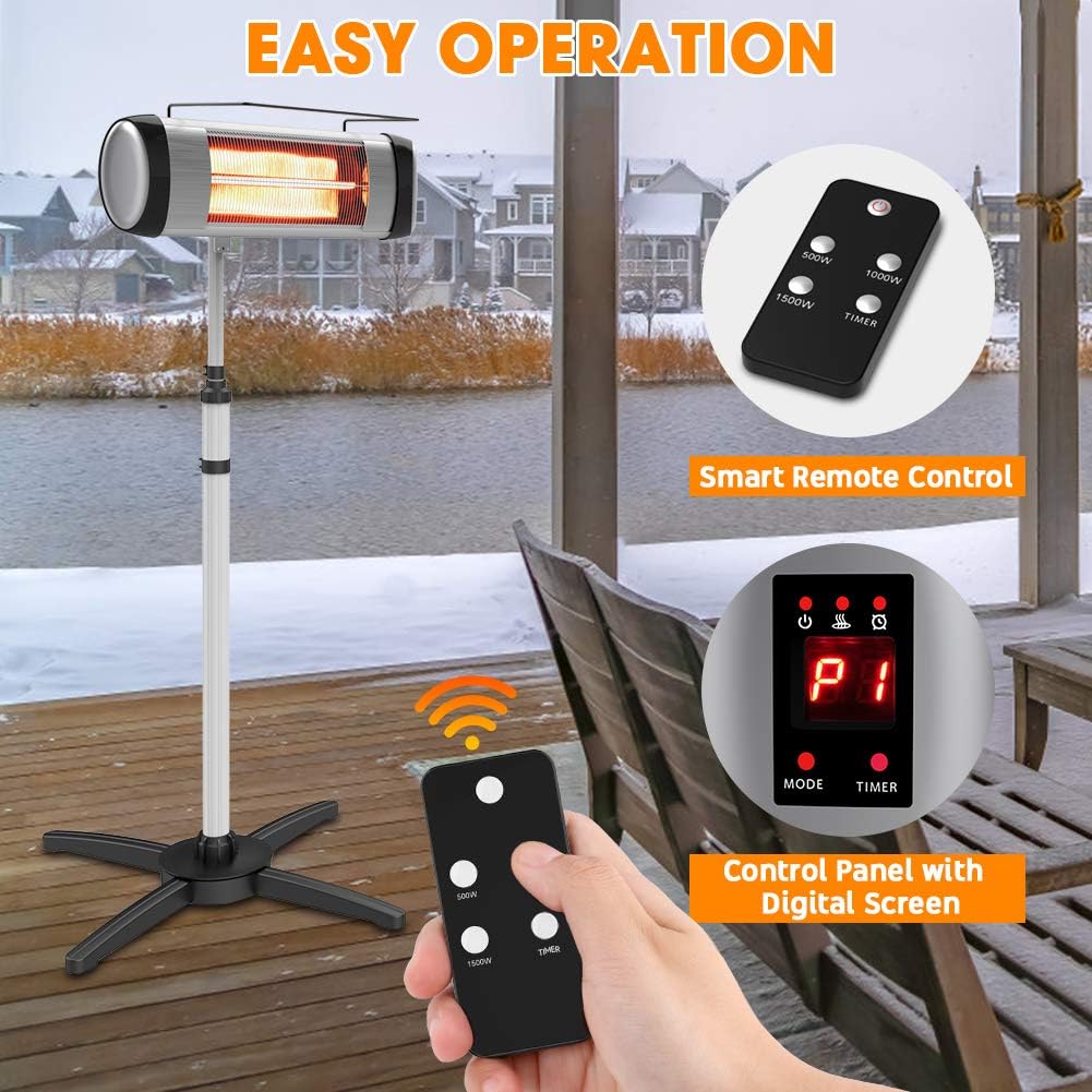 Electric Infrared Patio Heater, Freestanding with Remote Control and 24H Timer A682850