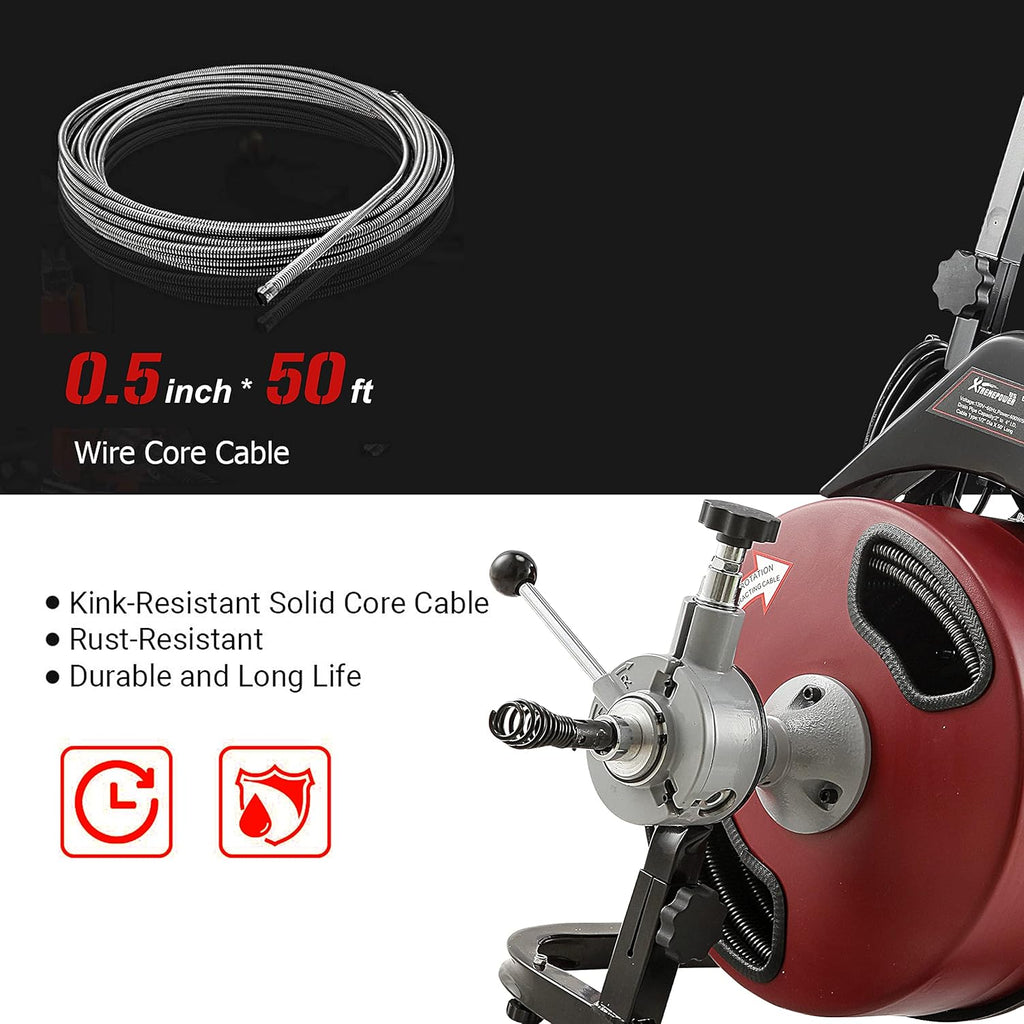 Commercial Sewer Snake Drill Drain Auger Cleaner Cable 50-Feet Long 1/2 (4)-Cutter Set with Wheel F580967