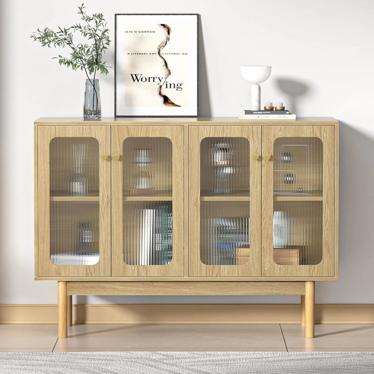 4 Door Wood Buffet Cabinet with Glass Door and Adjustable Shelves V140713