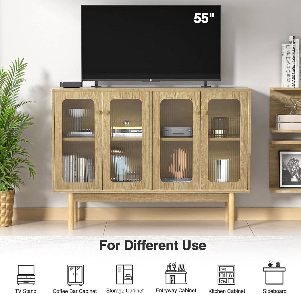4 Door Wood Buffet Cabinet with Glass Door and Adjustable Shelves V140713