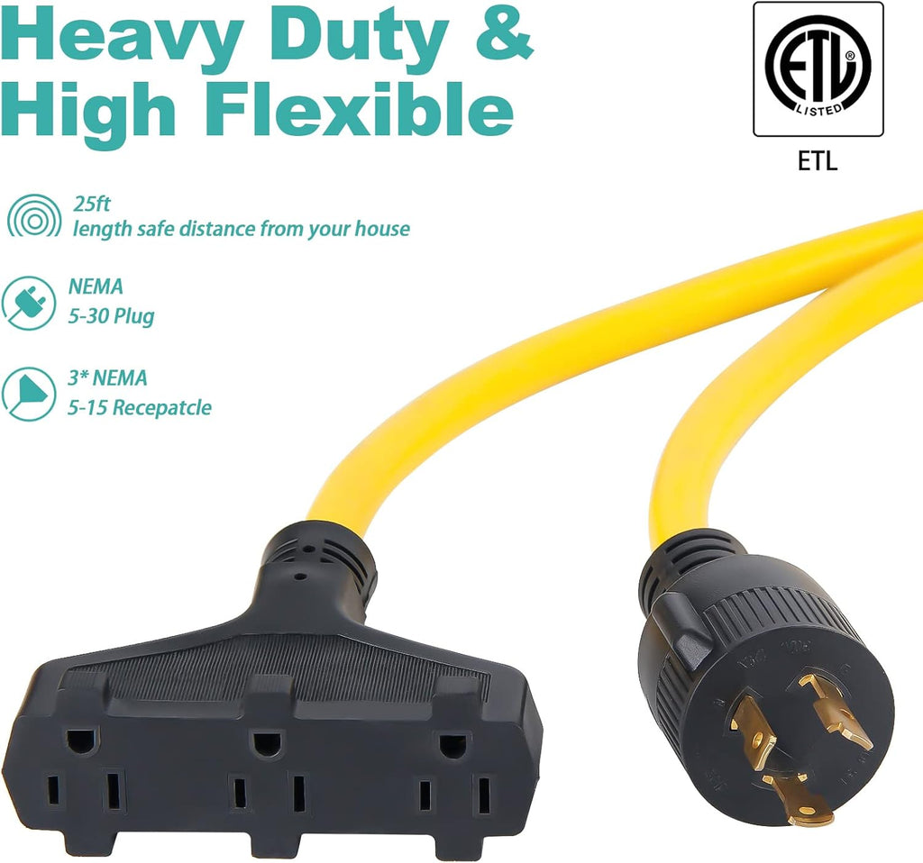 25ft Heavy Duty Generator Power Extension Cord with Cord Organizer, 3 Outlet 10 Gauge Flexible Power Cable Pack of 2 J883