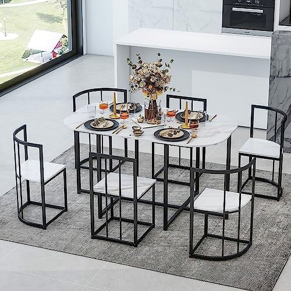 Compact Faux Marble Dining Table and Chairs 7 Piece Set T56764