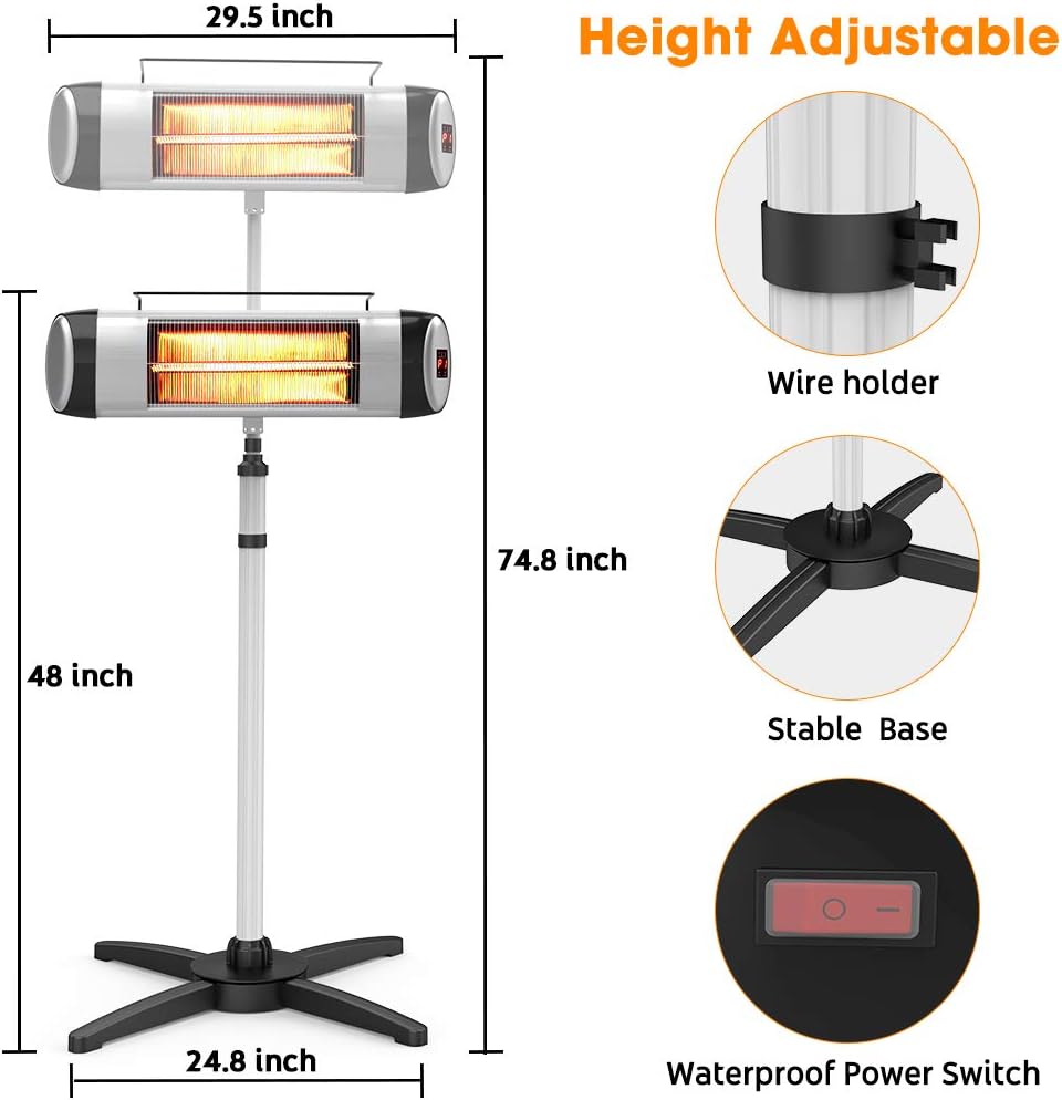 Electric Infrared Patio Heater, Freestanding with Remote Control and 24H Timer A682850