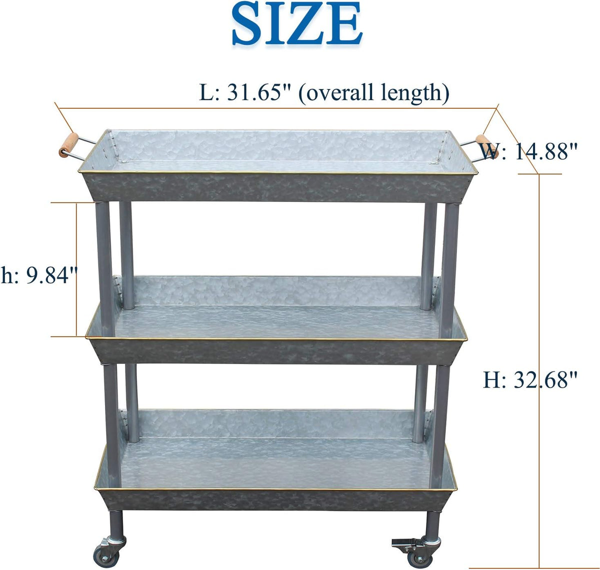 3 Tier Galvanized Metal Utility Cart with Wheels H5221