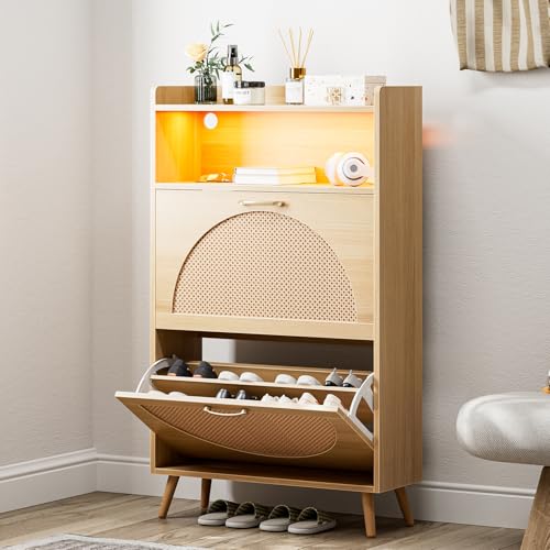 Natural LED Rattan Wood Shoe Storage Cabinet with 2 Flip Drawers H6831