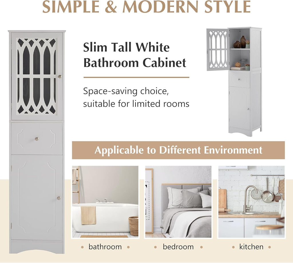 White 16.5" L x 14.2" W x 63.8" H Bathroom Storage Cabinet O78535