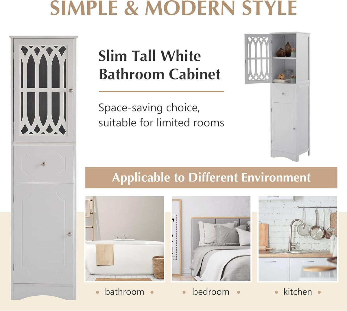 White 16.5" L x 14.2" W x 63.8" H Bathroom Storage Cabinet O78535