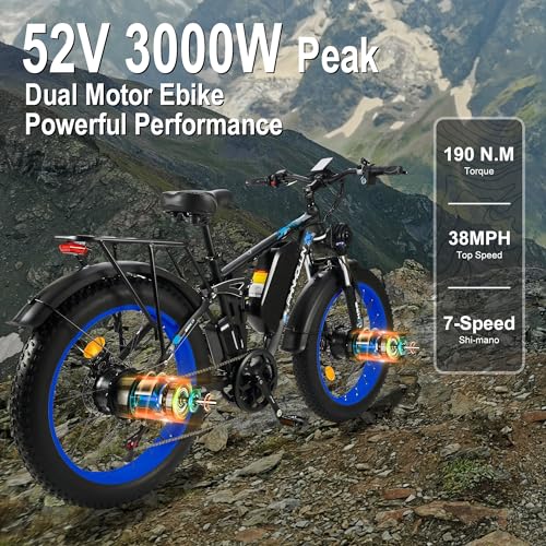 3000W Peak Fat-Tire Dual Motor Electric-Bicycle 52V 25AH Battery 38MPH Full Suspension 24 Inch Ebike E39646