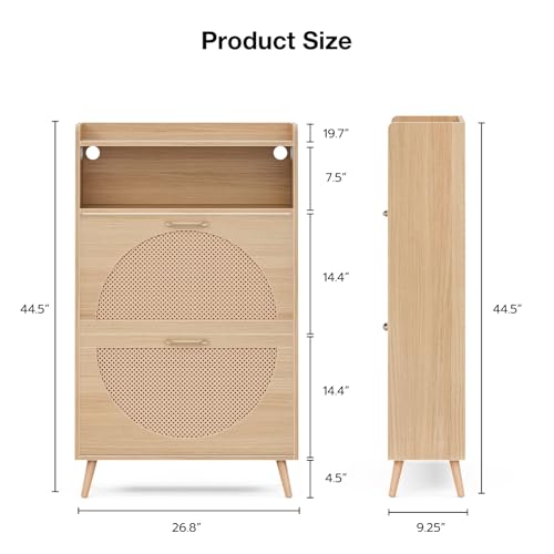Natural LED Rattan Wood Shoe Storage Cabinet with 2 Flip Drawers H6831