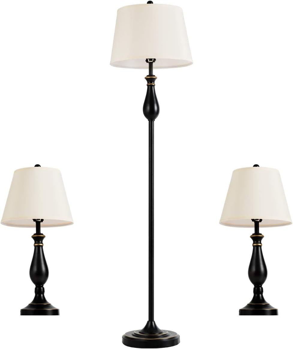 3 Pack Metal Table and Floor Lamp Set with Fabric Shade K7558
