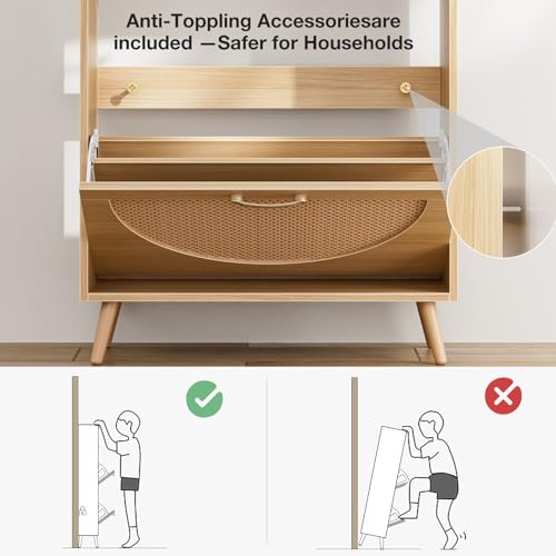 Natural LED Rattan Wood Shoe Storage Cabinet with 2 Flip Drawers H6831