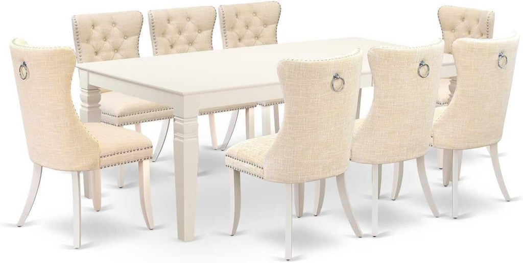 9 Piece Dining Set with Rectangle Kitchen Table and 8 Padded Chairs, Linen White M564302