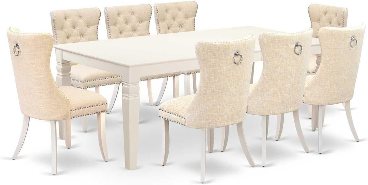 9 Piece Dining Set with Rectangle Kitchen Table and 8 Padded Chairs, Linen White M564302