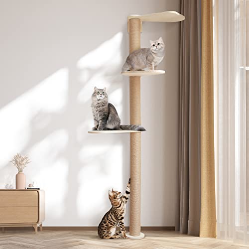 Wood Cat Tower Floor to Ceiling Adjustable with Natural Sisal Rope J34855