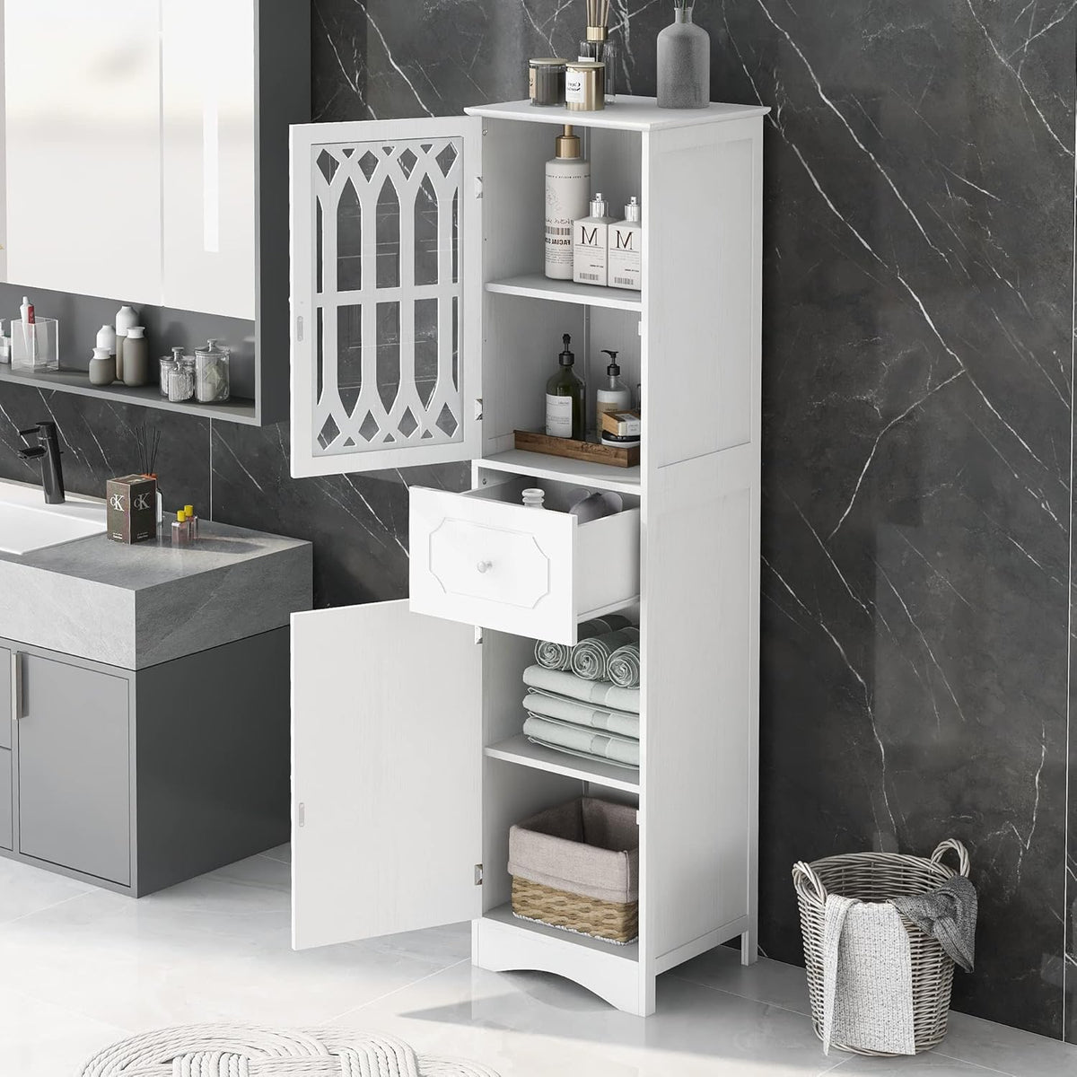 White 16.5" L x 14.2" W x 63.8" H Bathroom Storage Cabinet O78535