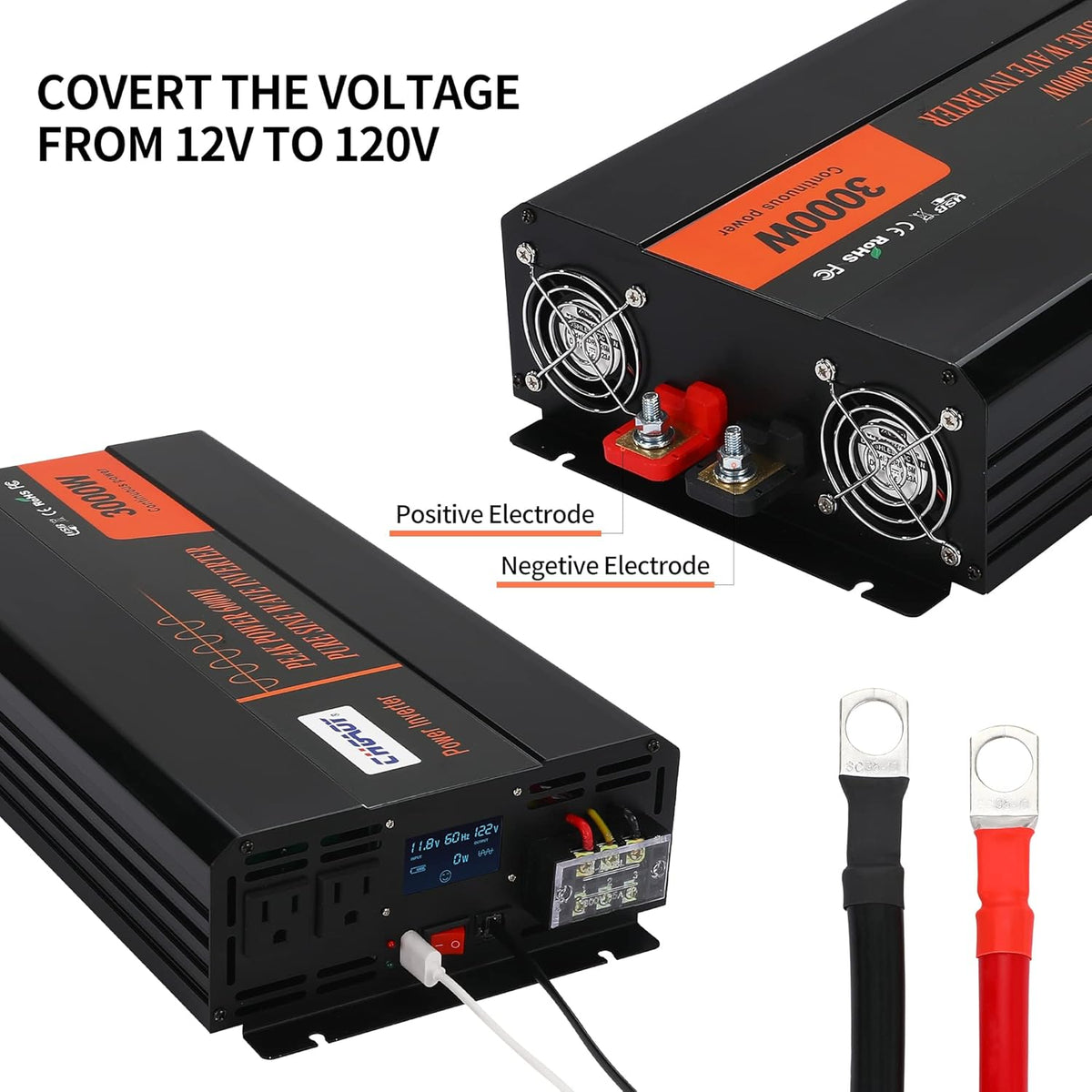 3000W Pure Sine Wave Power Inverter DC 12V to AC 120V with LCD Digital Display Remote Control USB Port H54187