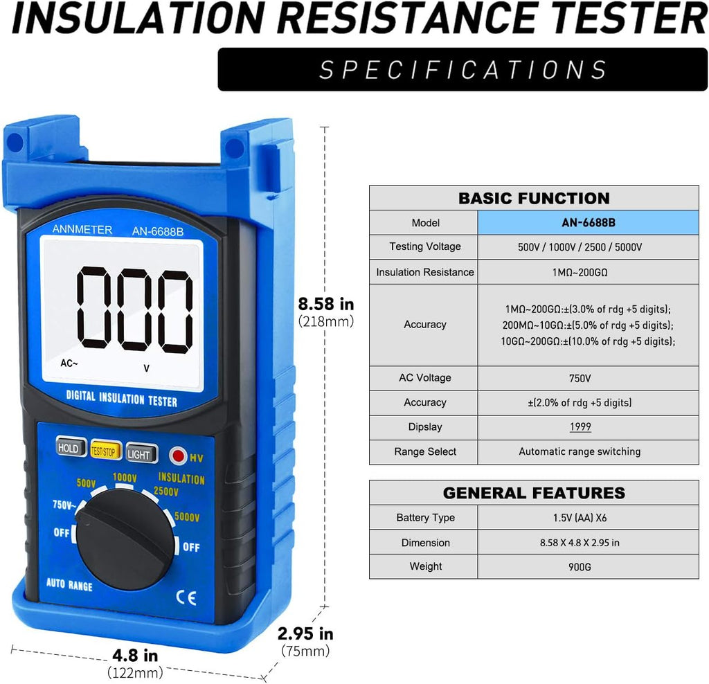 Digital Insulation Resistance Tester 5000V 200G ohms Auto Ranging Voltmeter N80824