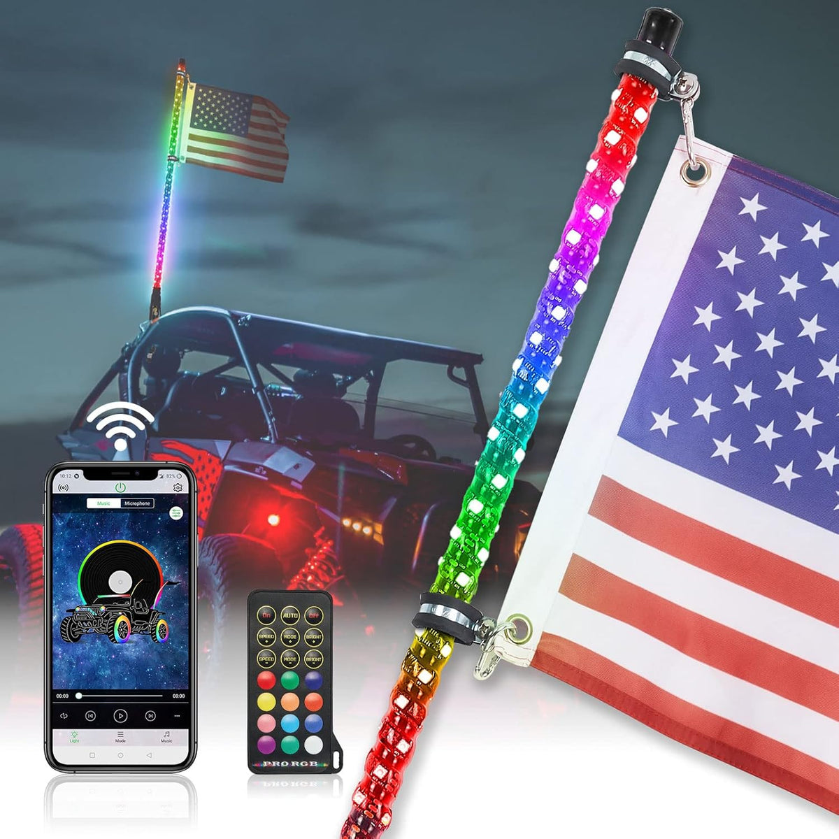 LED Whip Lights with Bluetooth and Flag Pole, 366+ Lighting Modes RGB, 2pcs 3ft O6108
