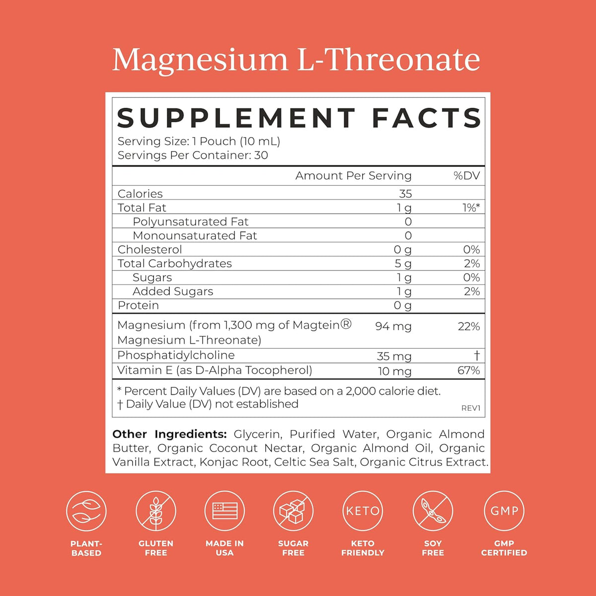 Magnesium L-Threonate 1300mg Supplement, Vanilla Creme, 30 Day Supply Z502