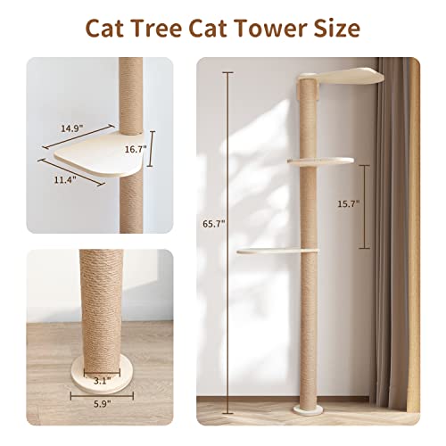 Wood Cat Tower Floor to Ceiling Adjustable with Natural Sisal Rope J34855