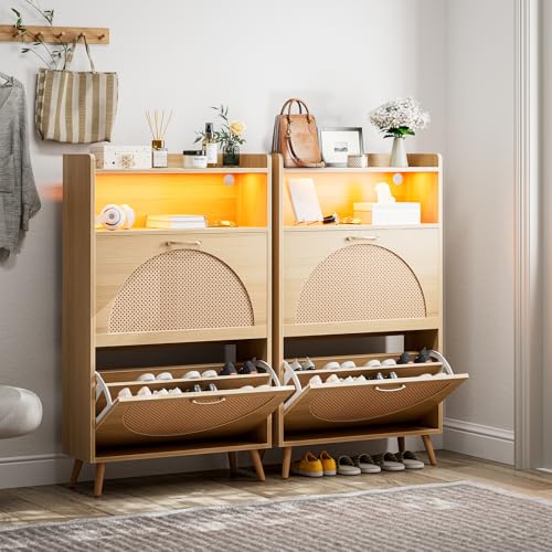Natural LED Rattan Wood Shoe Storage Cabinet with 2 Flip Drawers H6831