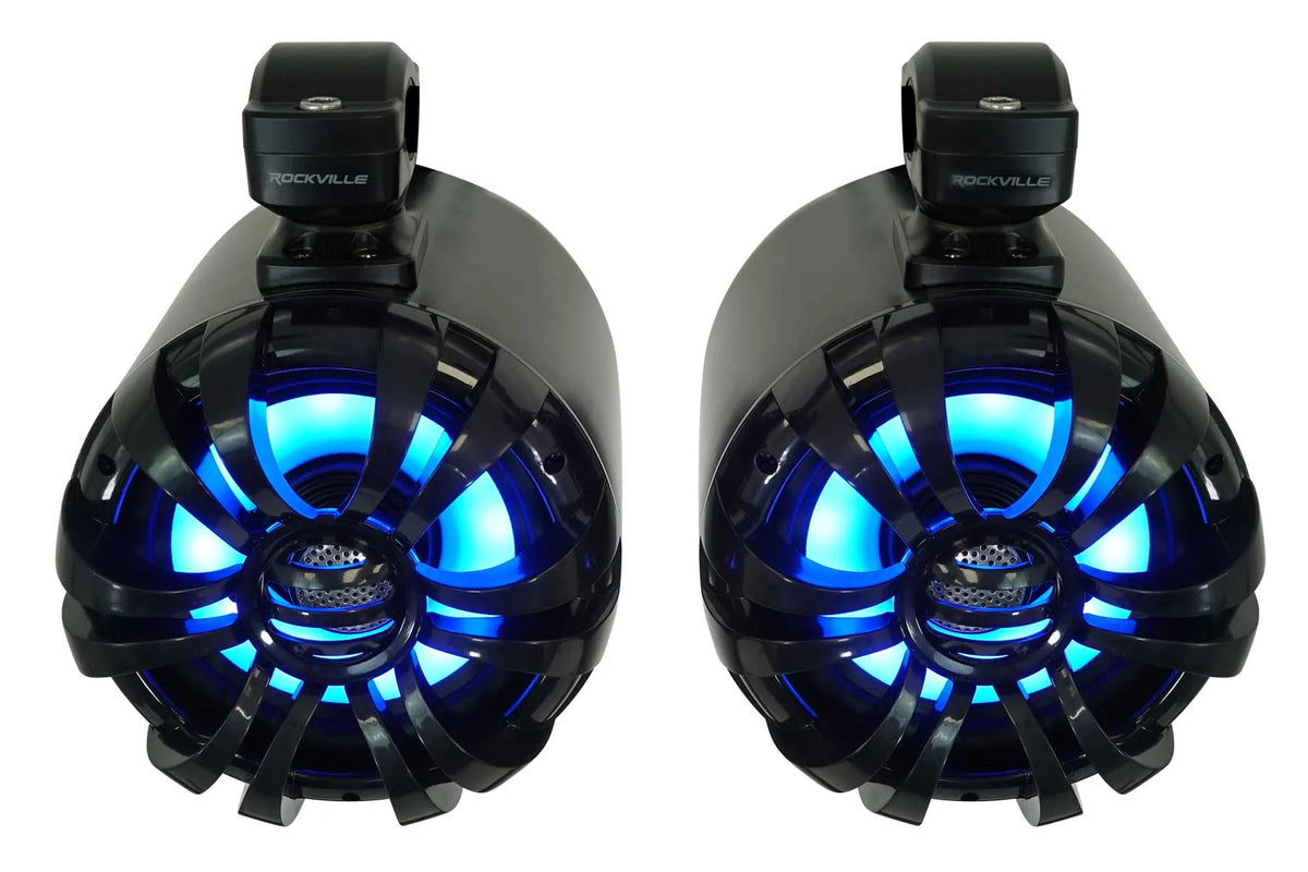 6.5" LED Swivel Black Marine Wakeboard Speakers with Receiver Amp Wires C176054