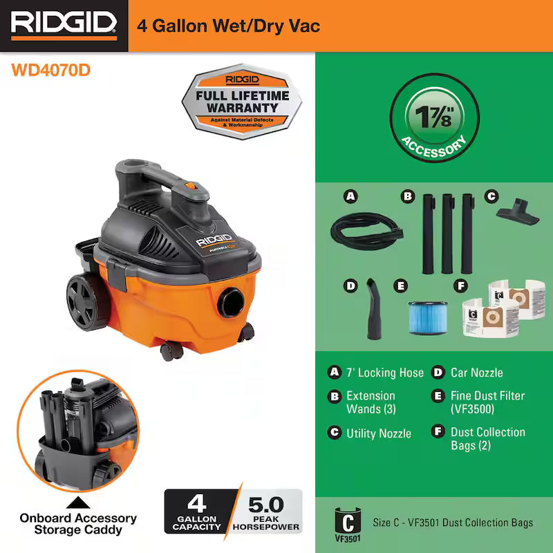 4 Gallon 5.0 Peak HP Wet/Dry Shop Vacuum S92638