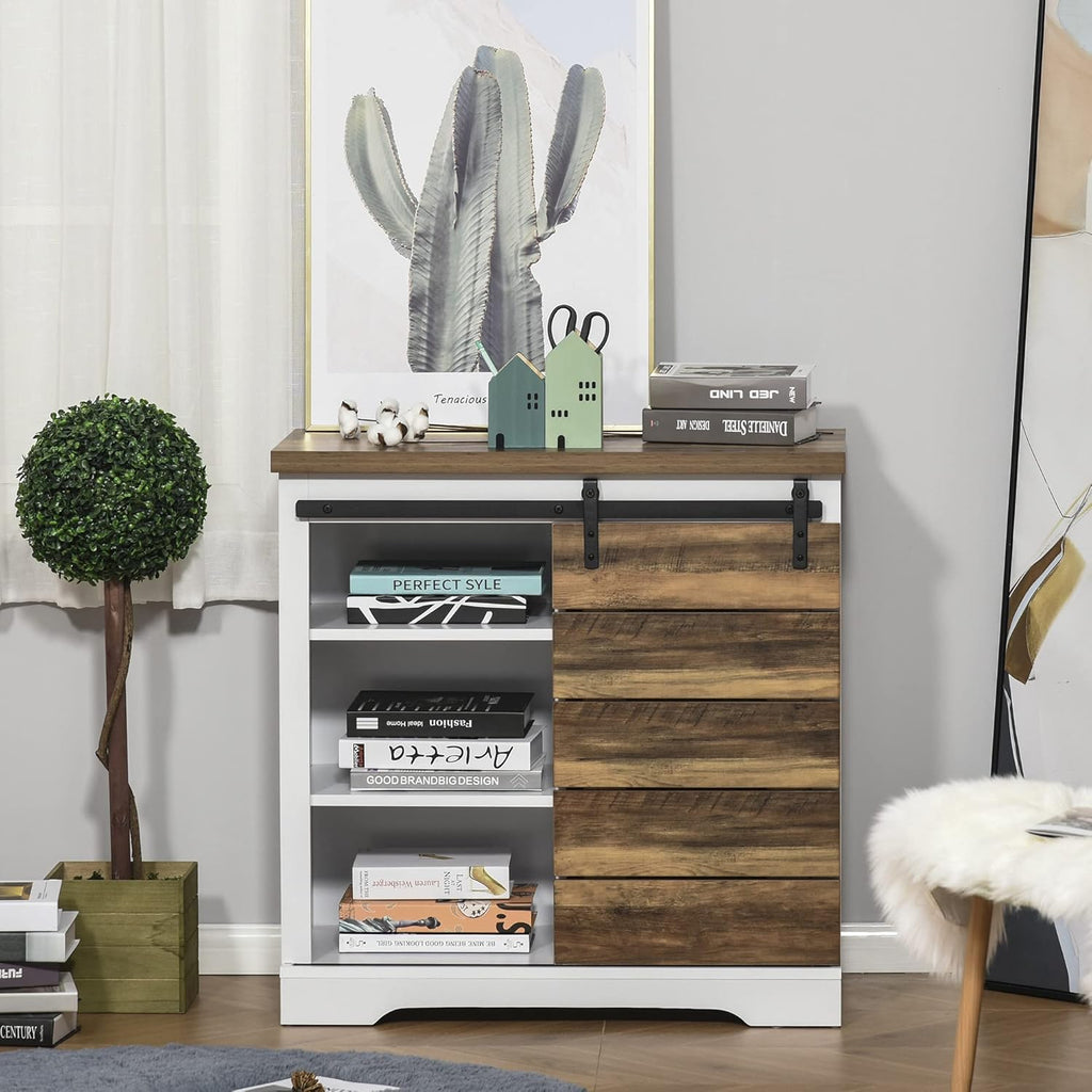White/Brown Rustic Farmhouse Sideboard with Sliding Barn Door F1322