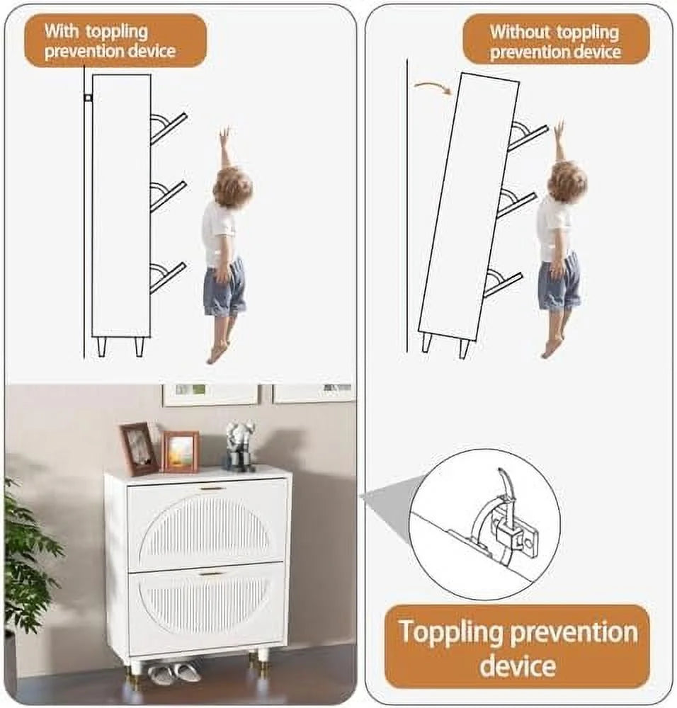 White 2 Flip Drawers Slim Shoe Cabinet G82491