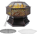 28'' Hex Shaped Steel Wood Burning Fire Pit with Spark Screen & Fire Poker A40958