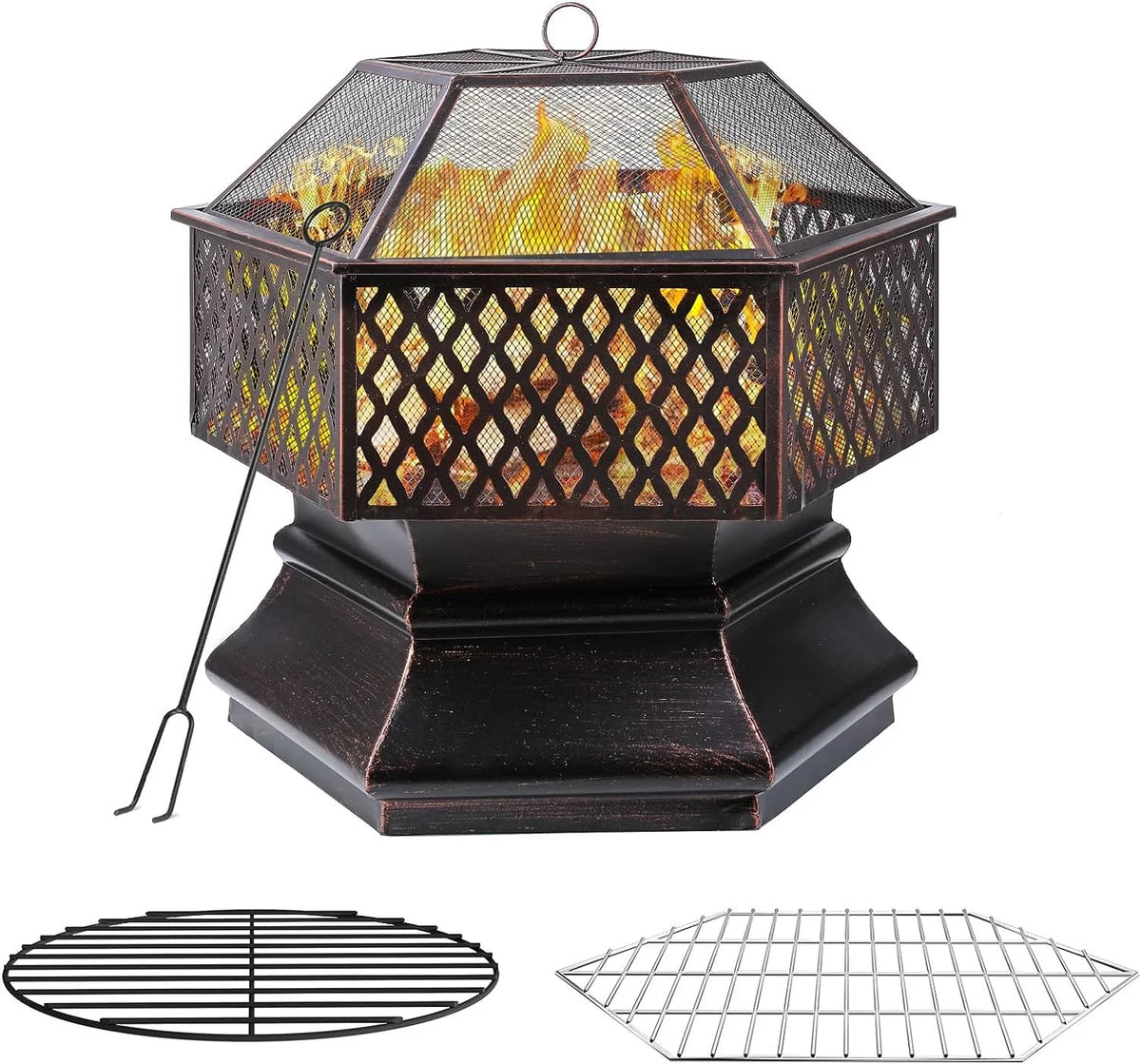 28'' Hex Shaped Steel Wood Burning Fire Pit with Spark Screen & Fire Poker A40958