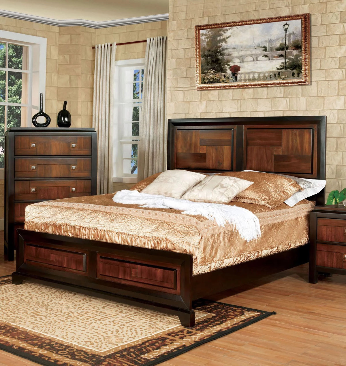 Walnut Acacia Finish 3pc Eastern King Size Bed and 2 Nightstands T80787