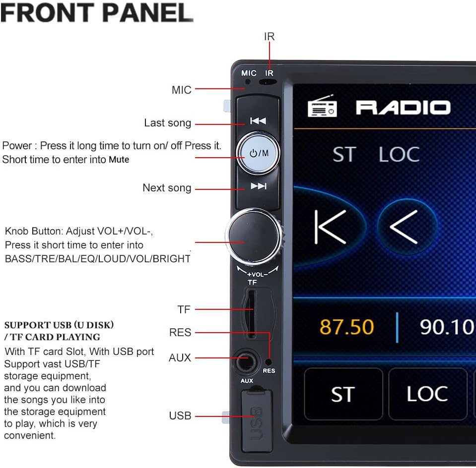 Double Din 7 Touchscreen Car Stereo with Bluetooth FM AM Radio MP3 USB AUX Rear View Camera H666945