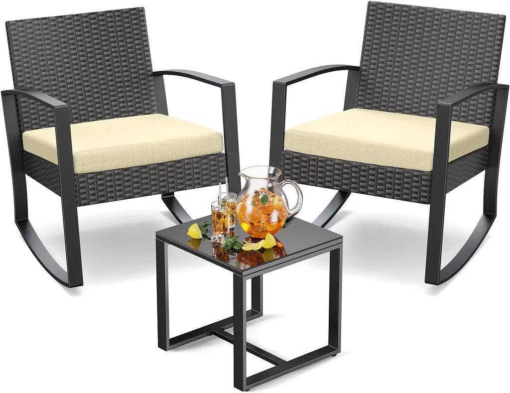 Patio Chairs Set with Glass Coffee Table and Gray Cushion B7215