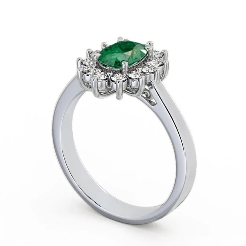 14K White Gold Oval Shape Natural Emerald Diamond Ring C41236