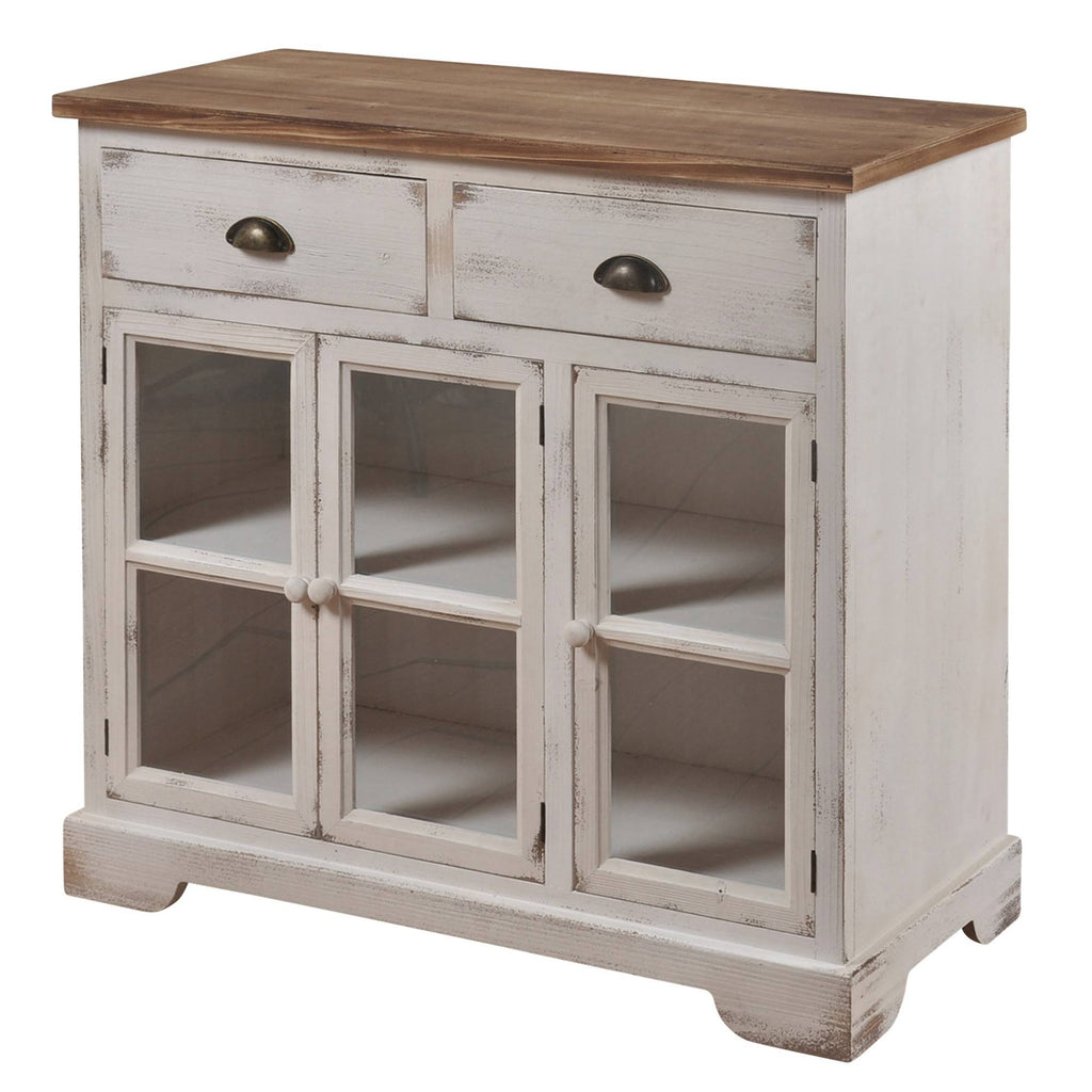 3 Door 2 Drawer Shabby Chic Window Pane Cabinet Antique White Natural E16568