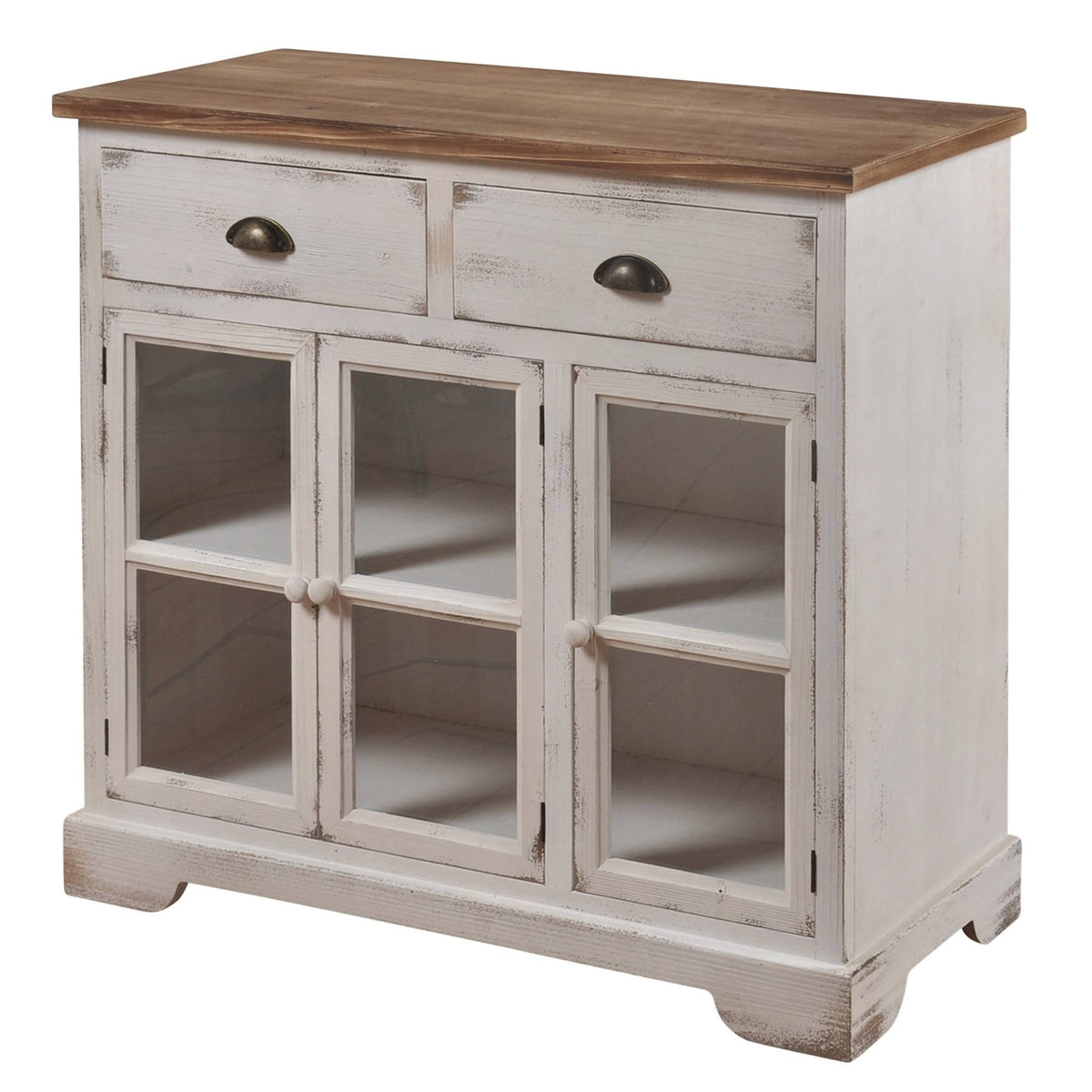 3 Door 2 Drawer Shabby Chic Window Pane Cabinet Antique White Natural E16568