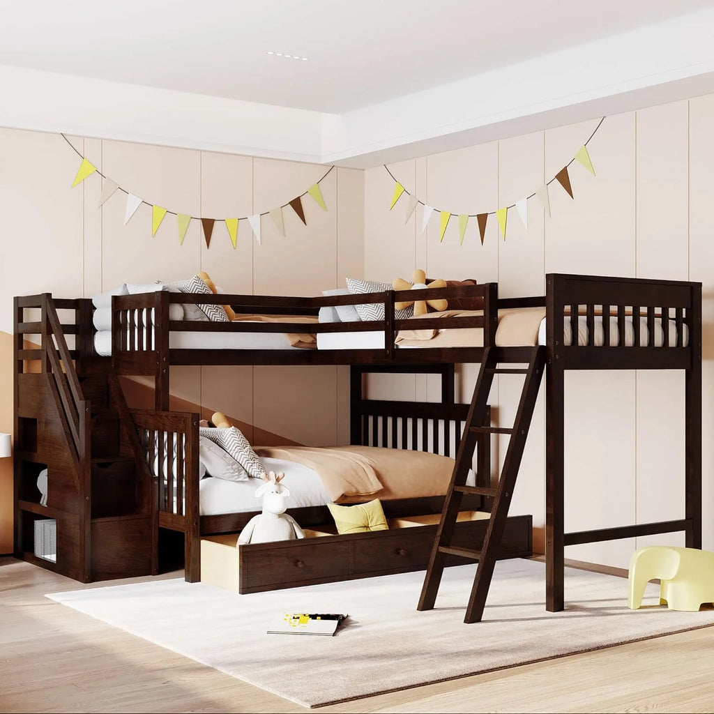 L Shaped Bunk Bed with 3 Drawers and Stairs Q482077