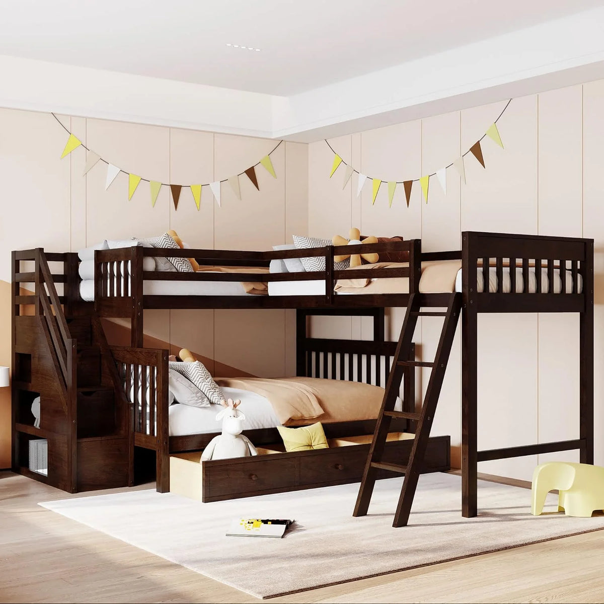 L Shaped Bunk Bed with 3 Drawers and Stairs Q482077