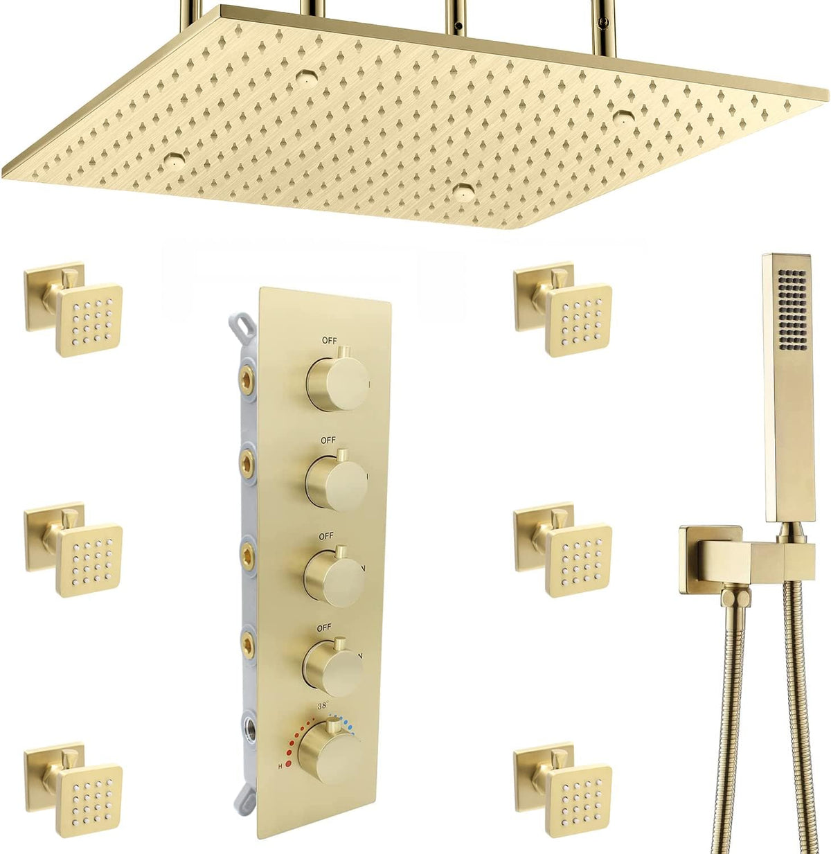 Brushed Gold Ceiling Mount Thermostatic Rain Shower System with Hand Shower C5336
